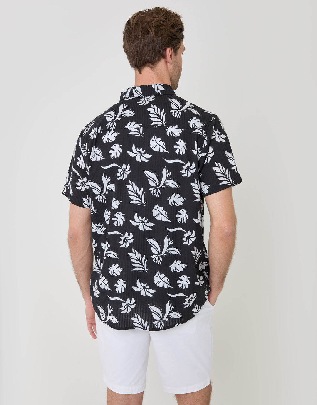 Threadbare Plant Print Textured Cotton Short Sleeve Shirt in Black - back view