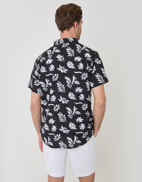Threadbare Plant Print Textured Cotton Short Sleeve Shirt in Black - back view