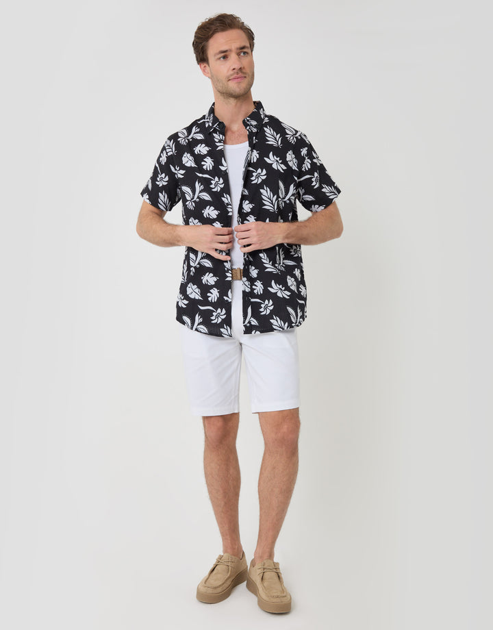 Threadbare Plant Print Textured Cotton Short Sleeve Shirt in Black - full body