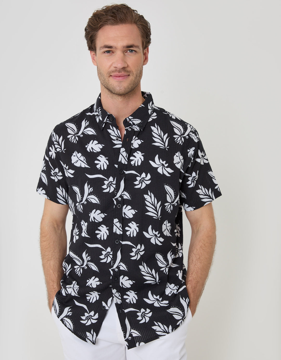 Threadbare Plant Print Textured Cotton Short Sleeve Shirt in Black - front view