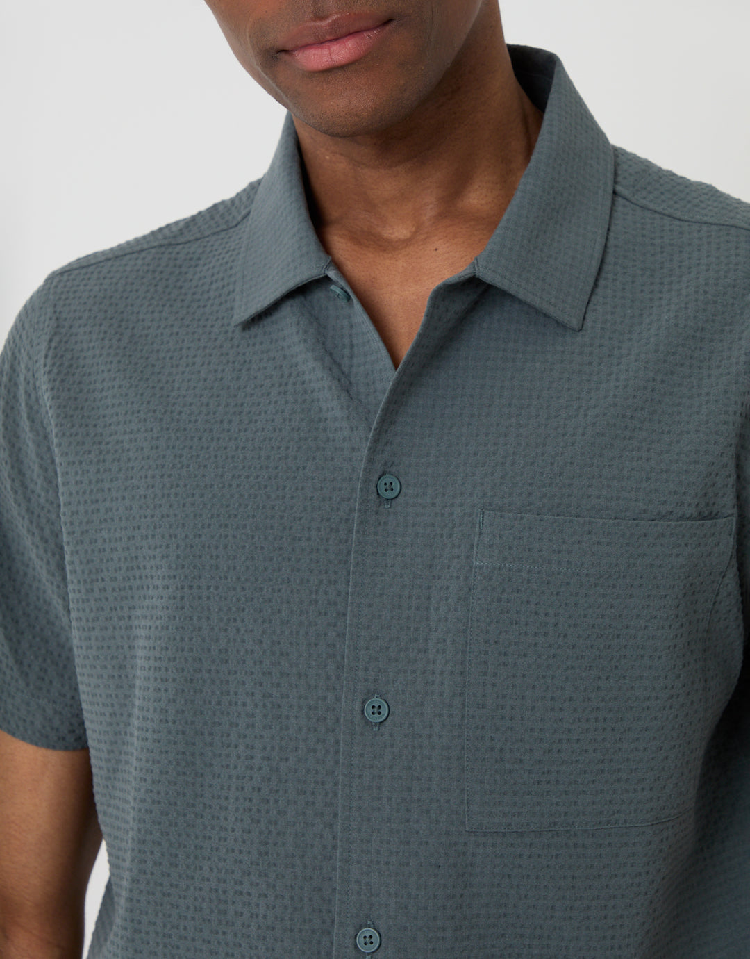 Threadbare Boxy Fit Textured Short Sleeve Shirt in Petrol Blue - Close View