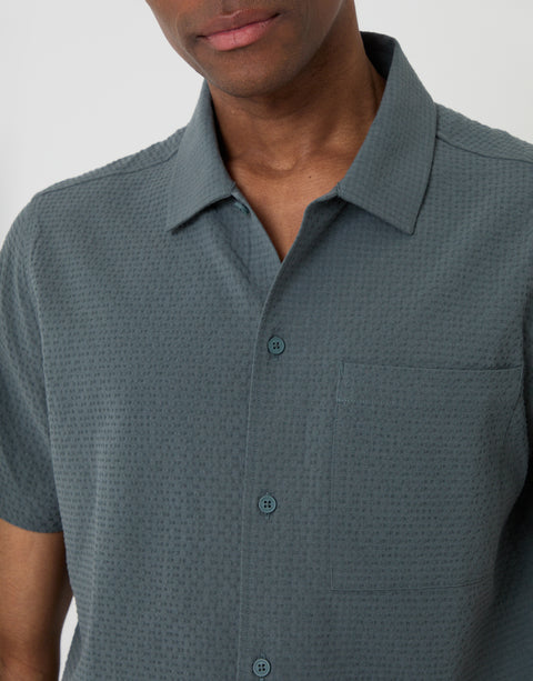 Threadbare Boxy Fit Textured Short Sleeve Shirt in Petrol Blue - Close View
