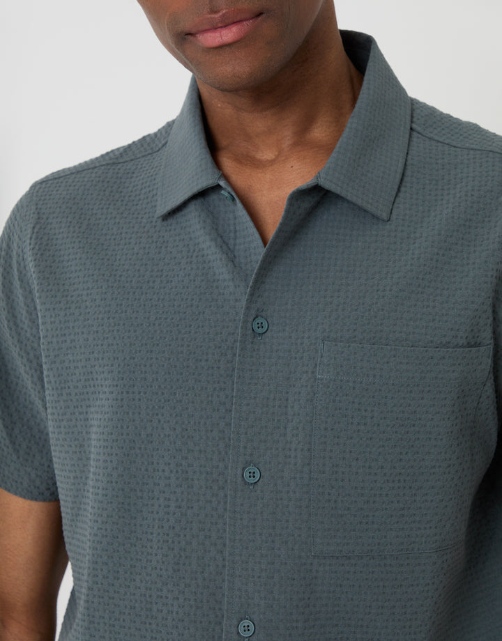 Threadbare Boxy Fit Textured Short Sleeve Shirt in Petrol Blue - Close View