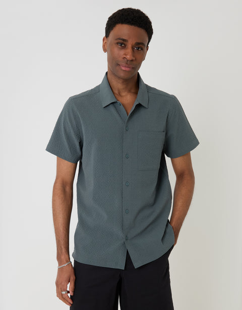 Threadbare Boxy Fit Textured Short Sleeve Shirt in Petrol Blue - Front View