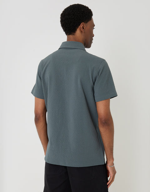 Threadbare Boxy Fit Textured Short Sleeve Shirt in Petrol Blue - Front View
