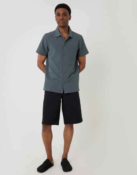 Threadbare Boxy Fit Textured Short Sleeve Shirt in Petrol Blue - Full View