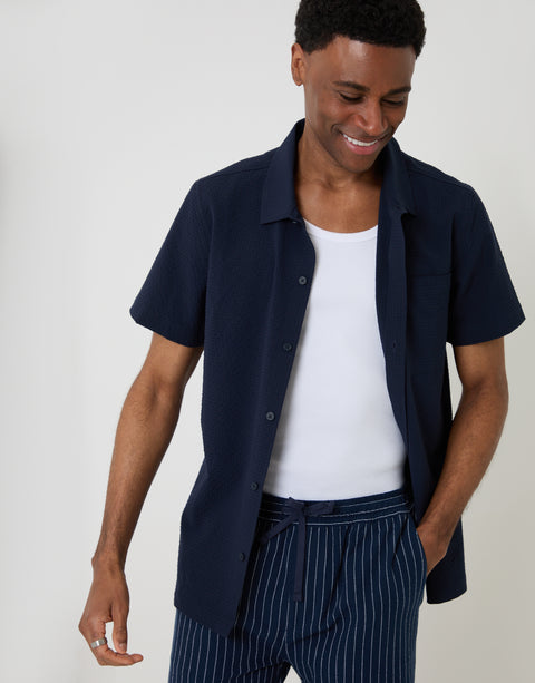 Threadbare Boxy Fit Textured Short Sleeve Shirt in Navy - worn open