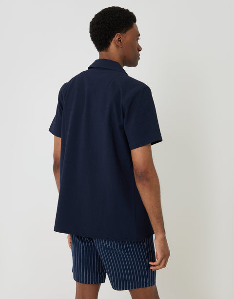 Threadbare Boxy Fit Textured Short Sleeve Shirt in Navy - back view