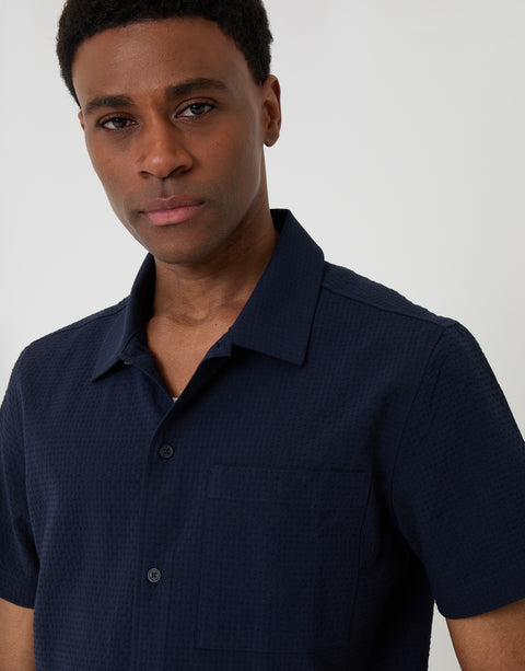 Threadbare Boxy Fit Textured Short Sleeve Shirt in Navy - collar close up