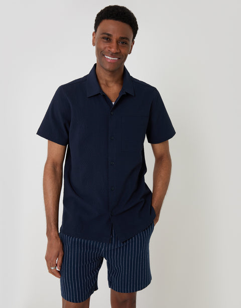 Threadbare Boxy Fit Textured Short Sleeve Shirt in Navy - front view