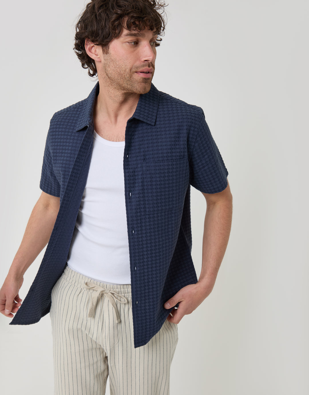 Threadbare Textured Cotton Short Sleeve Shirt in Navy - front view