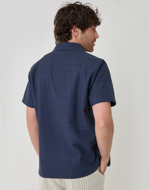 Threadbare Textured Cotton Short Sleeve Shirt in Navy - back view