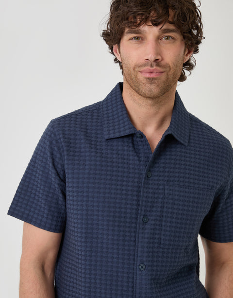 Threadbare Textured Cotton Short Sleeve Shirt in Navy - close up