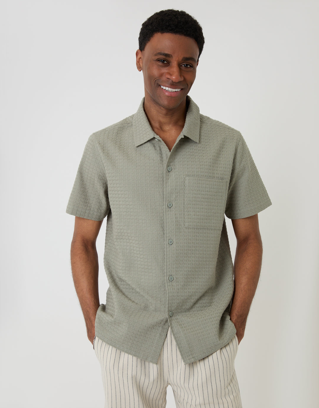 Threadbare Textured Cotton Short Sleeve Shirt in Sage Green - front view