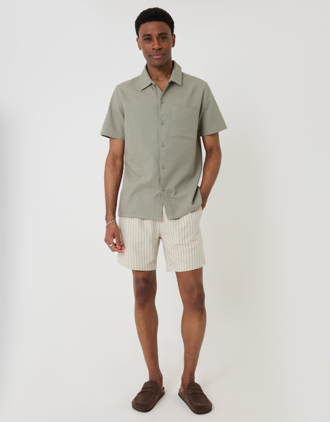 Threadbare Textured Cotton Short Sleeve Shirt in Sage Green - full body