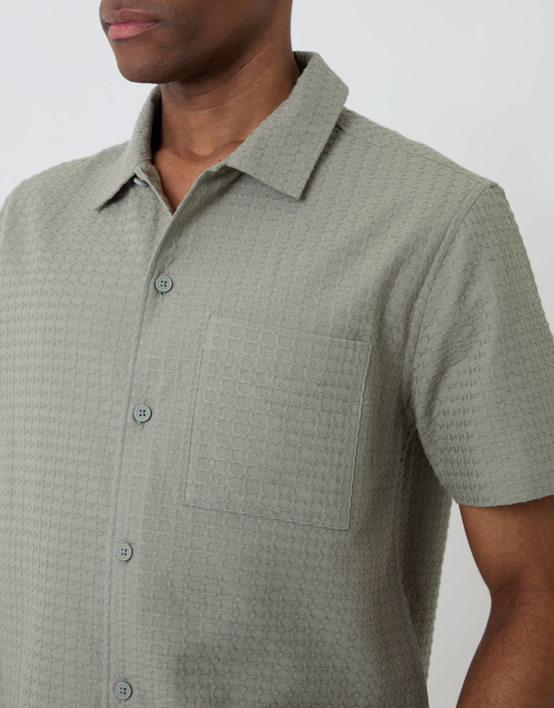 Threadbare Textured Cotton Short Sleeve Shirt in Sage Green - pocket close up