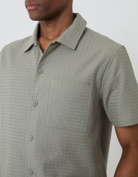 Threadbare Textured Cotton Short Sleeve Shirt in Sage Green - pocket close up