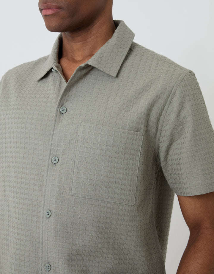 Threadbare Textured Cotton Short Sleeve Shirt in Sage Green - pocket close up