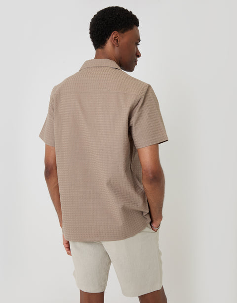 Threadbare Textured Cotton Short Sleeve Shirt in Taupe - back view