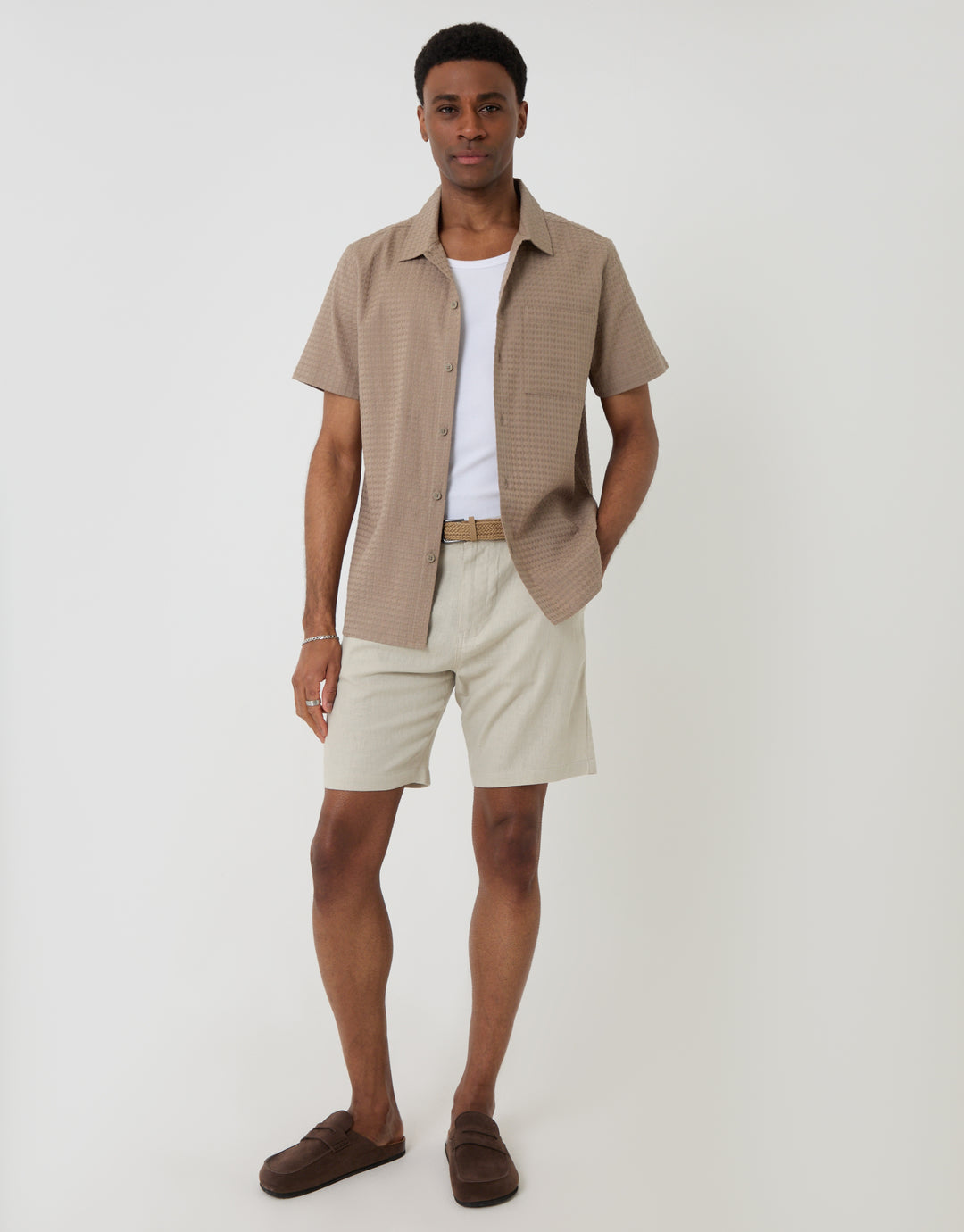 Threadbare Textured Cotton Short Sleeve Shirt in Taupe - full body