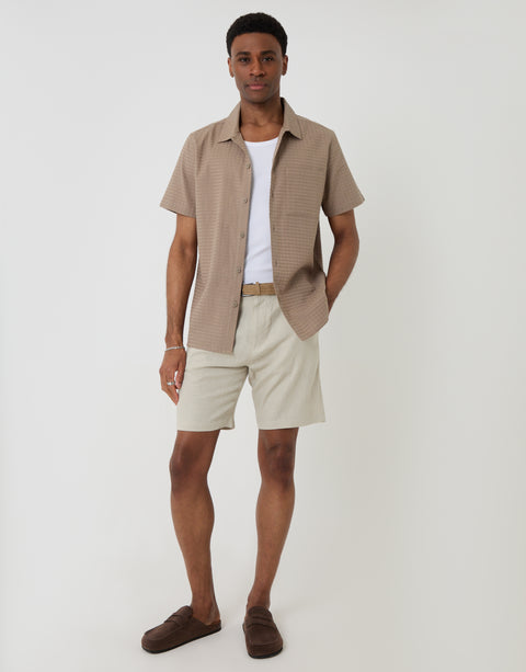 Threadbare Textured Cotton Short Sleeve Shirt in Taupe - full body