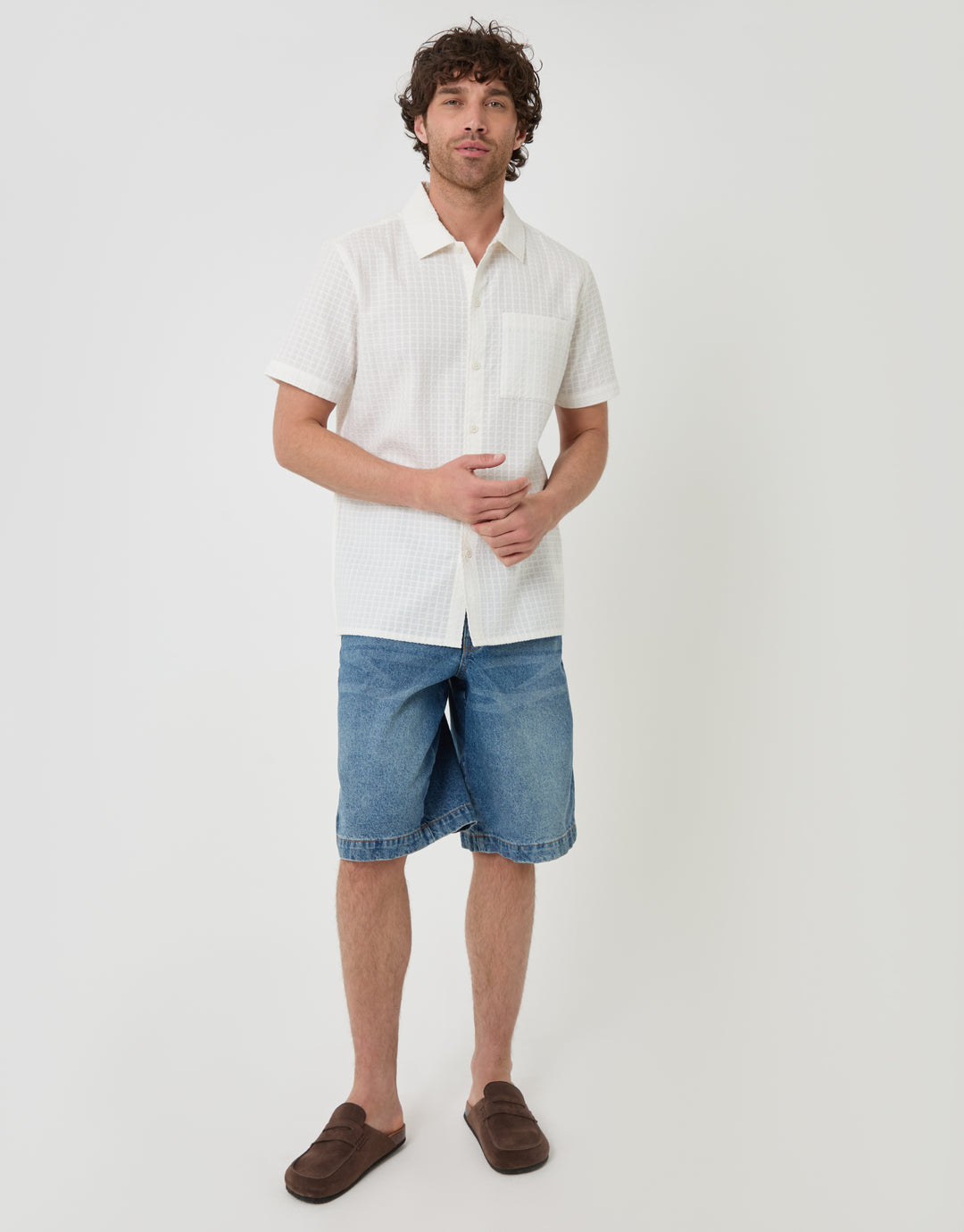 Threadbare Textured Cotton Short Sleeve Shirt in Ecru - full body
