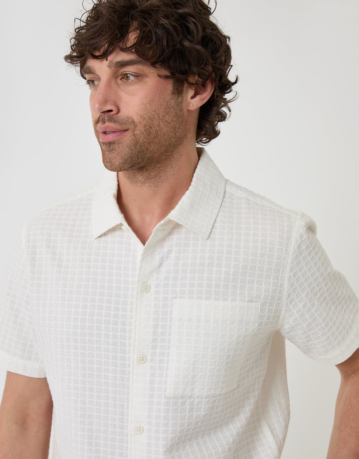 Threadbare Textured Cotton Short Sleeve Shirt in Ecru - close up