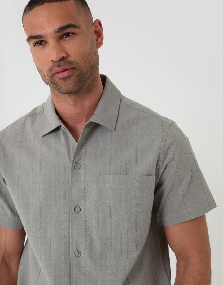 Threabare Textured Cotton Short Sleeve Shirt in Sage Green - Close View