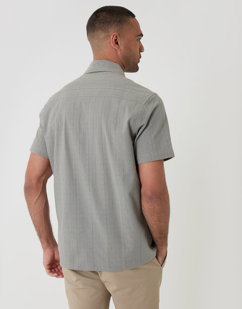 Threabare Textured Cotton Short Sleeve Shirt in Sage Green - Back View