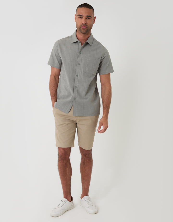 Threabare Textured Cotton Short Sleeve Shirt in Sage Green - Full View