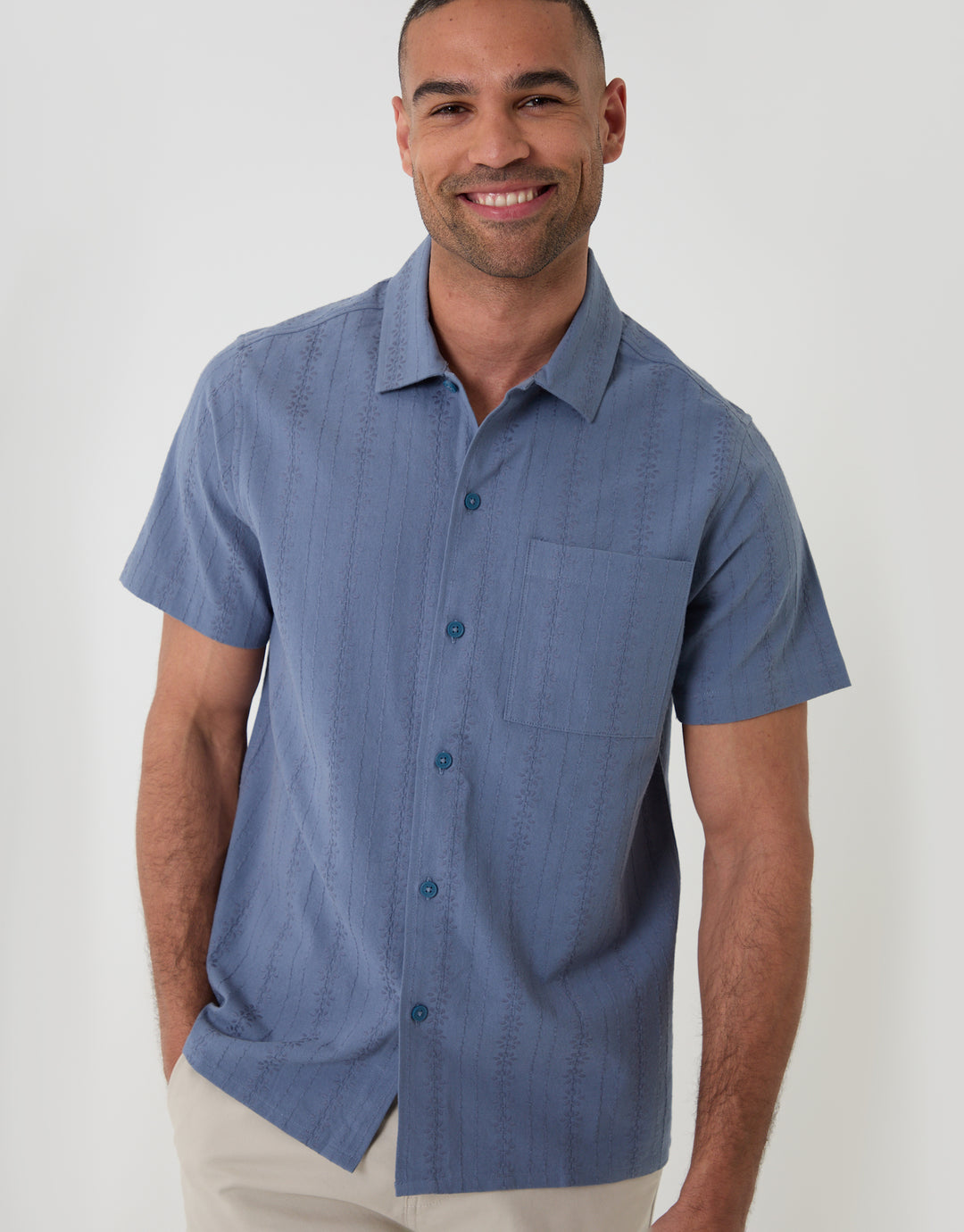 Threadbare Textured Cotton Short Sleeve Shirt in Denim Blue - Front View