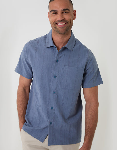 Threadbare Textured Cotton Short Sleeve Shirt in Denim Blue - Front View