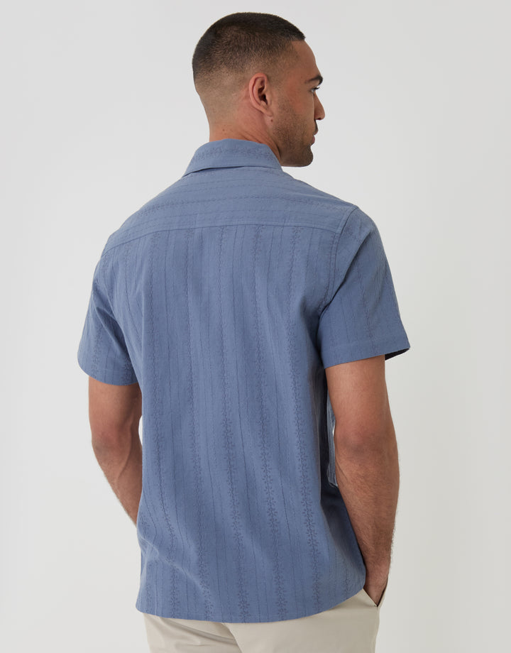 Threadbare Textured Cotton Short Sleeve Shirt in Denim Blue - Back View