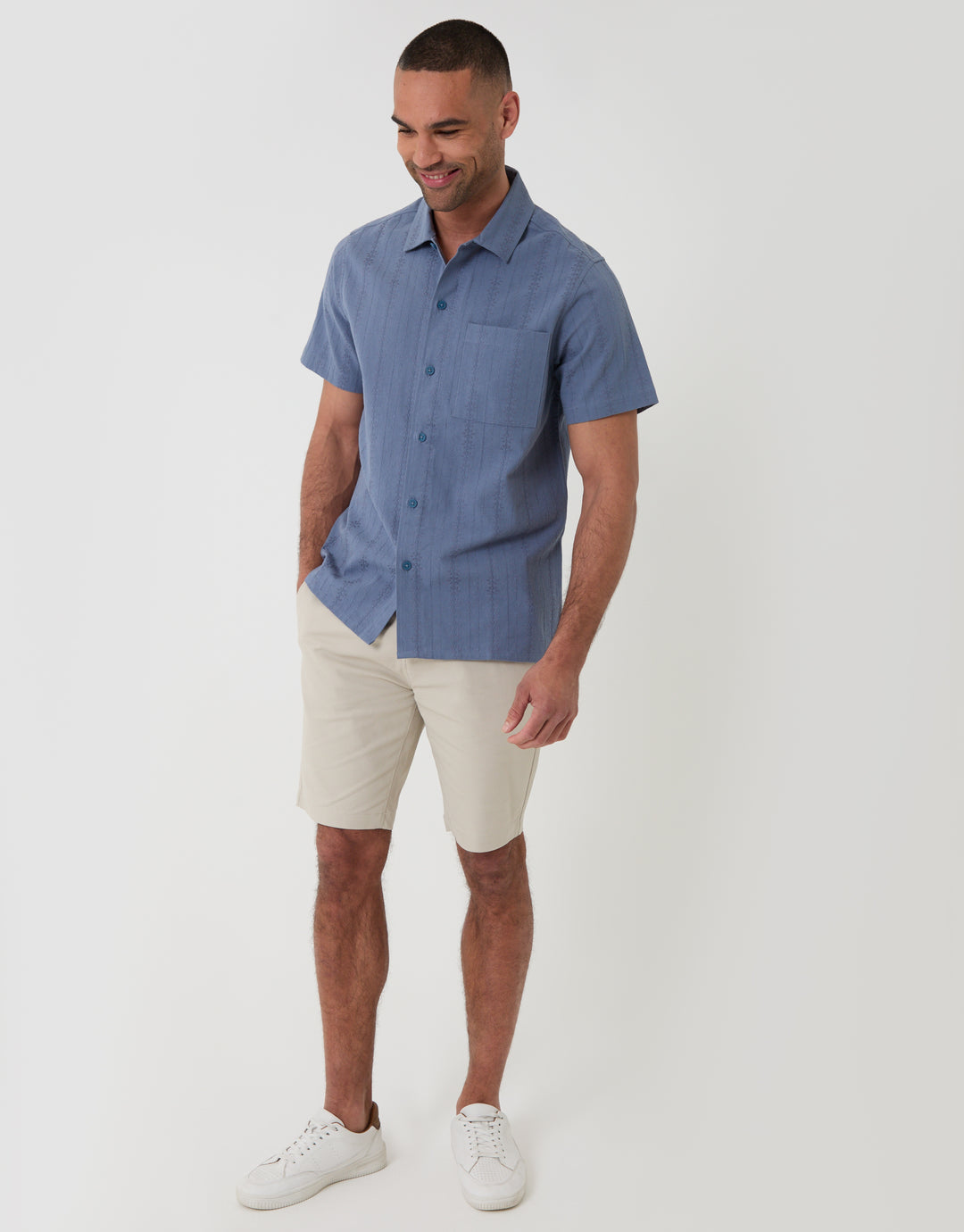 Threadbare Textured Cotton Short Sleeve Shirt in Denim Blue - Full View