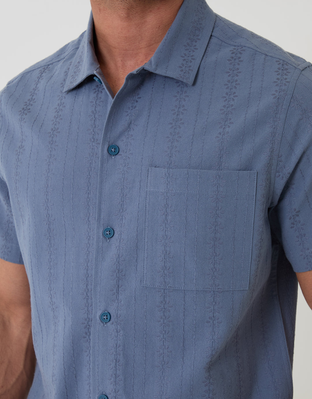 Threadbare Textured Cotton Short Sleeve Shirt in Denim Blue - Close View