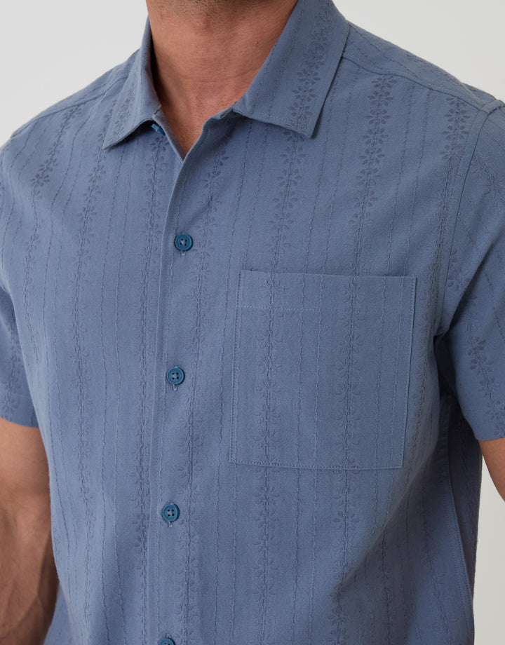 Threadbare Textured Cotton Short Sleeve Shirt in Denim Blue - Close View