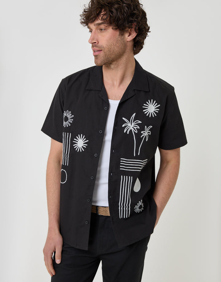 Threadbare Beach Embroidered Cotton Poplin Short Sleeve Shirt in Black - front view