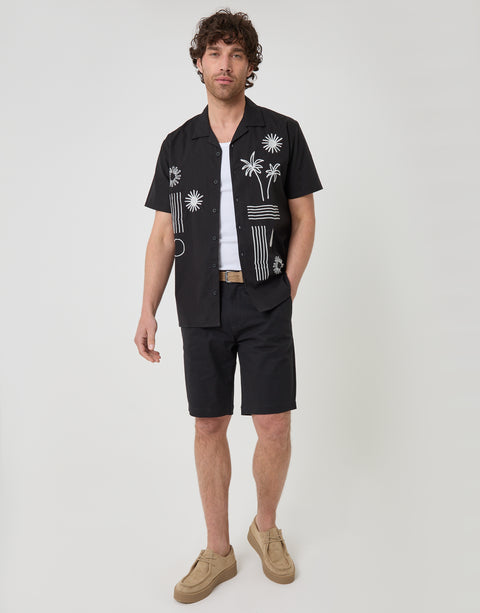 Threadbare Beach Embroidered Cotton Poplin Short Sleeve Shirt in Black - full body