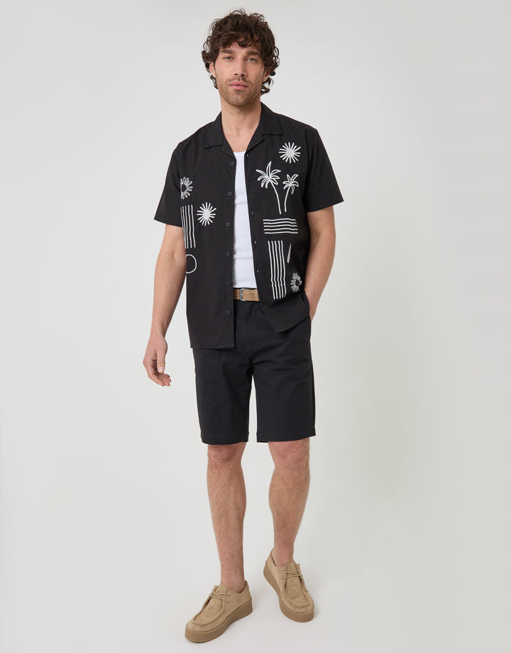 Threadbare Beach Embroidered Cotton Poplin Short Sleeve Shirt in Black - full body