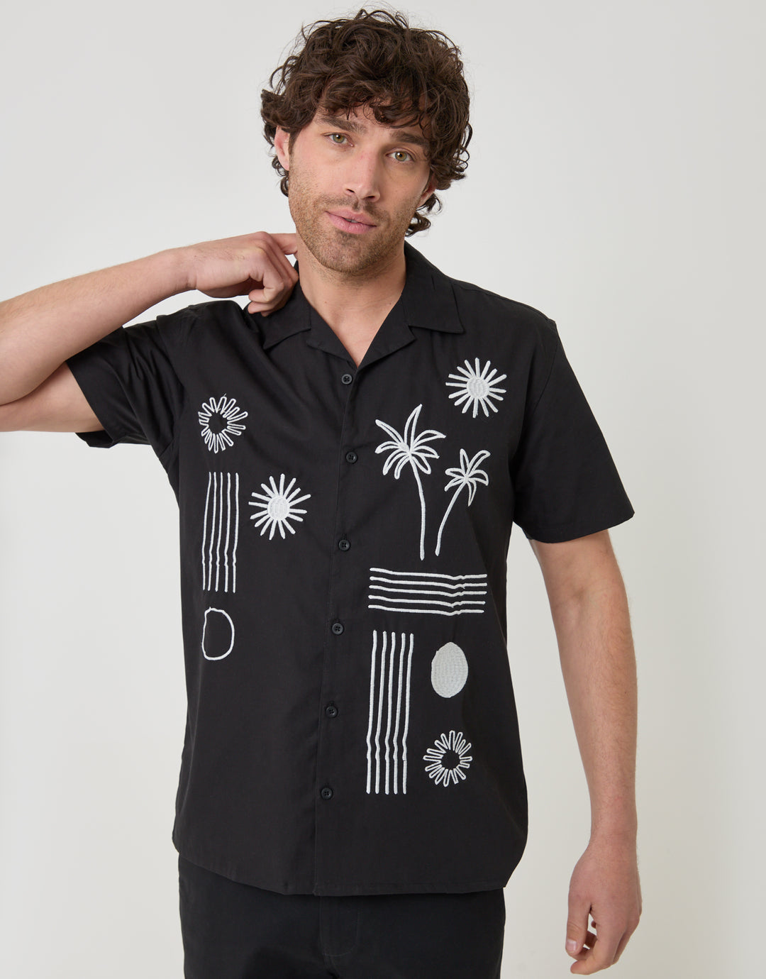Threadbare Beach Embroidered Cotton Poplin Short Sleeve Shirt in Black - close up