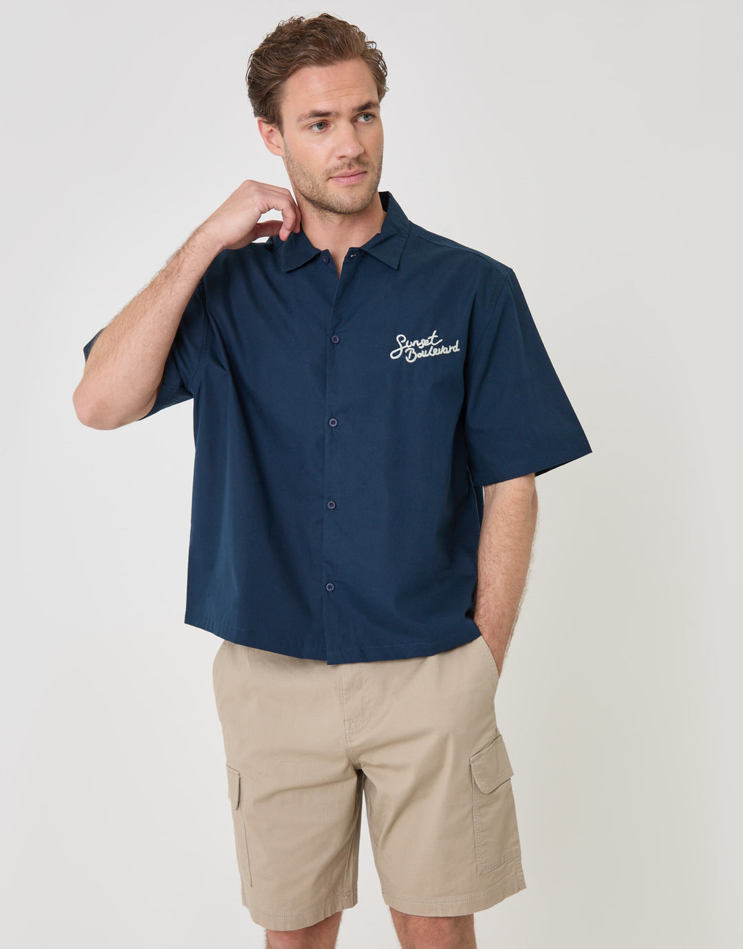 Threadbare Boxy Fit Sunset Boulevard Embroidered Short Sleeve Shirt in Navy - front view