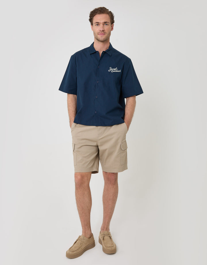 Threadbare Boxy Fit Sunset Boulevard Embroidered Short Sleeve Shirt in Navy - full body