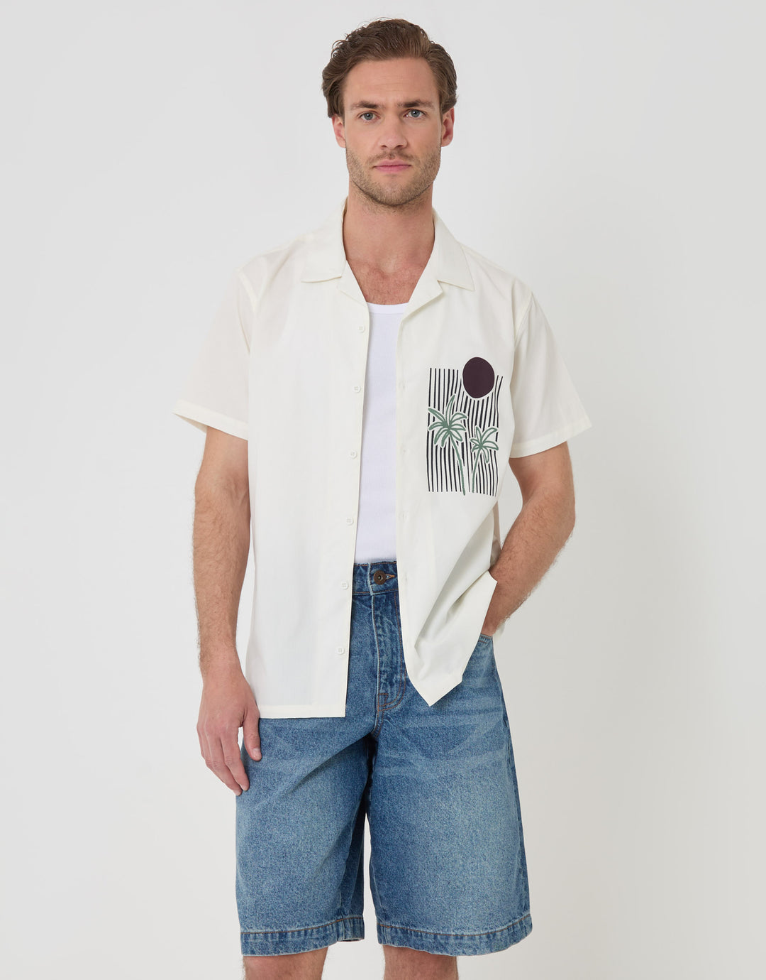 Abstract Beach Print Cotton Poplin Short Sleeve Shirt in Ecru