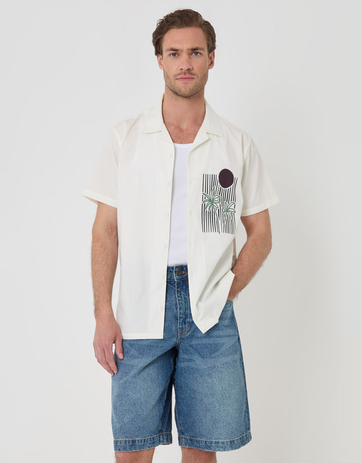 Abstract Beach Print Cotton Poplin Short Sleeve Shirt in Ecru