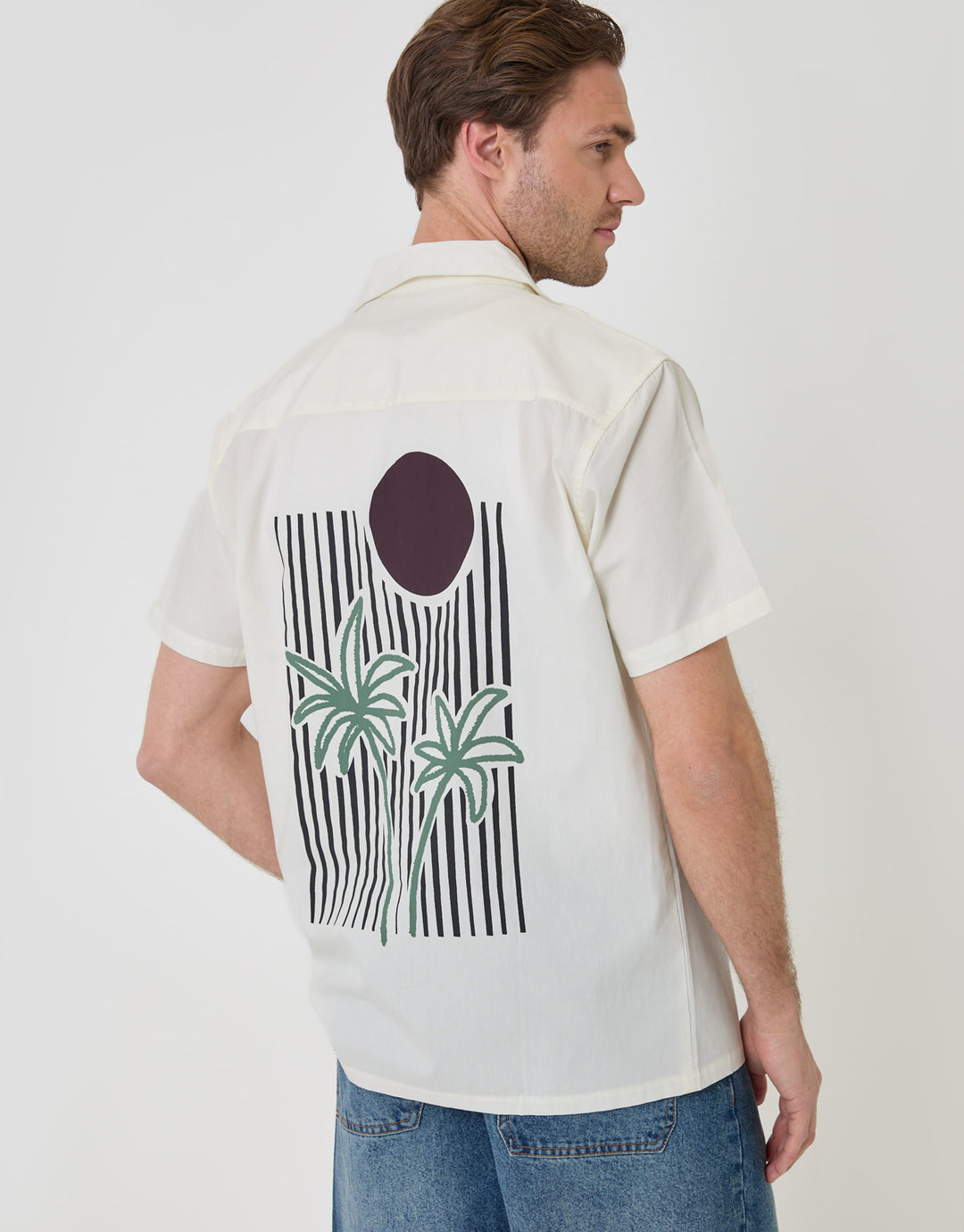 Abstract Beach Print Cotton Poplin Short Sleeve Shirt in Ecru