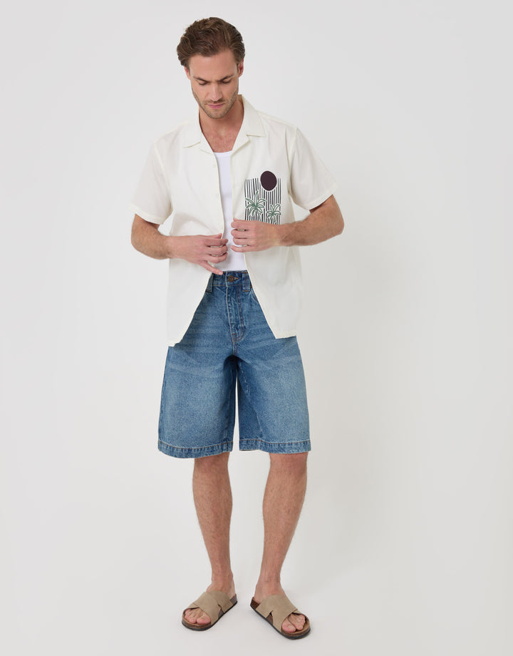 Abstract Beach Print Cotton Poplin Short Sleeve Shirt in Ecru