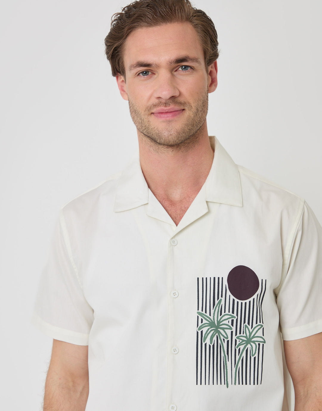 Abstract Beach Print Cotton Poplin Short Sleeve Shirt in Ecru