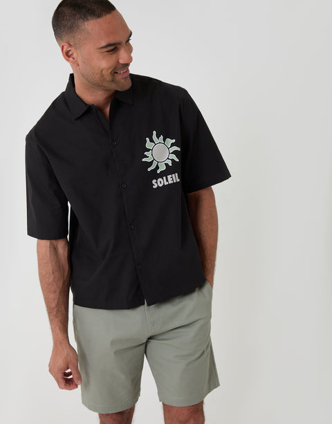 Threadbare Soleil Print Boxy Fit Cotton Poplin Short Sleeve Shirt in Black - front view