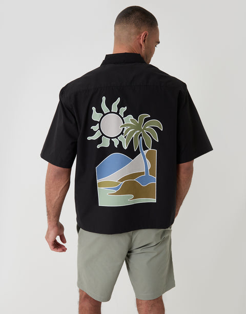 Threadbare Soleil Print Boxy Fit Cotton Poplin Short Sleeve Shirt in Black - back view