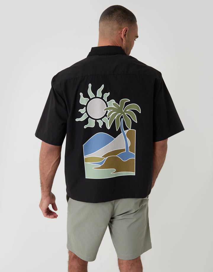 Threadbare Soleil Print Boxy Fit Cotton Poplin Short Sleeve Shirt in Black - back view